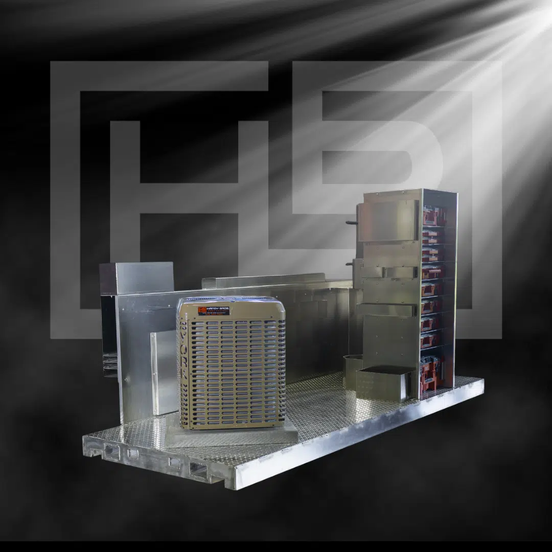 Industrial HVAC equipment and metal components, including advanced air conditioning units, are displayed on a metallic platform with dramatic lighting and geometric shapes in the background.