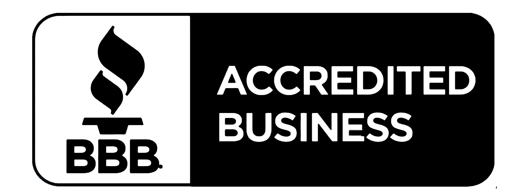 Black and white BBB Accredited Business logo with the BBB flame symbol on the left and ACCREDITED BUSINESS text on the right.