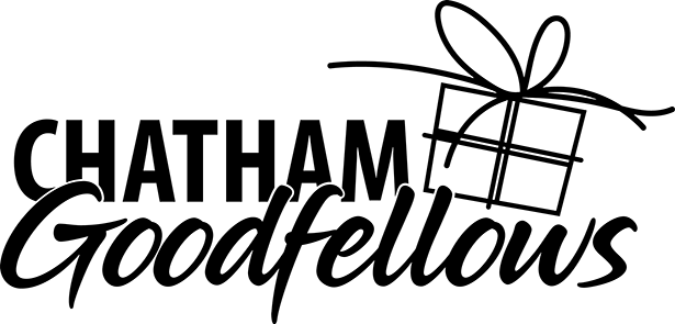 Chatham Goodfellows logo featuring bold black text and a line drawing of a gift with a bow above the word Goodfellows.