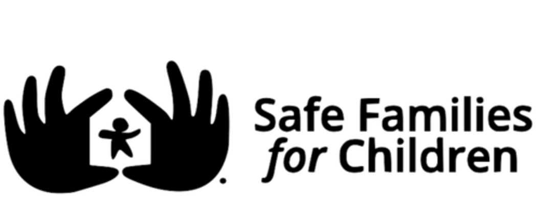 Logo with two black hands forming a house shape around a small child figure, next to the text Safe Families for Children.