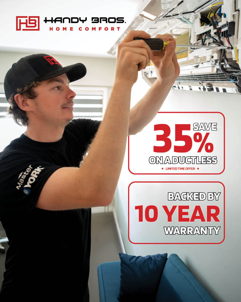 HVAC technician wearing a black cap installs or repairs a ceiling unit, with Handy Bros. Home Comfort branding and a promo offering 35% off ductless and a 10-year warranty nearby.