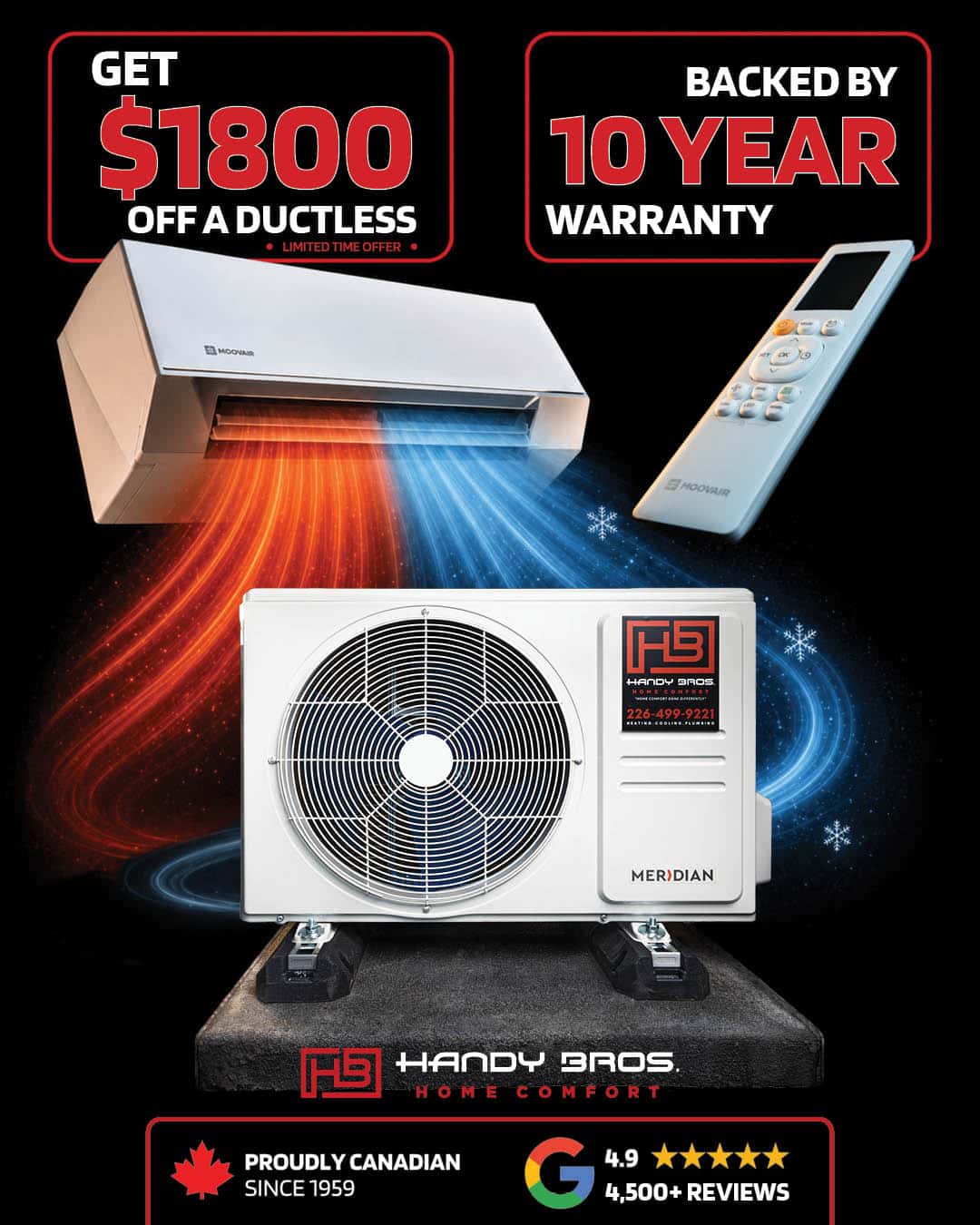 HVAC ad showing outdoor unit, indoor unit, and remote with bold text: Get 00 off, backed by 10-year warranty; Handy Bros Home Comfort.