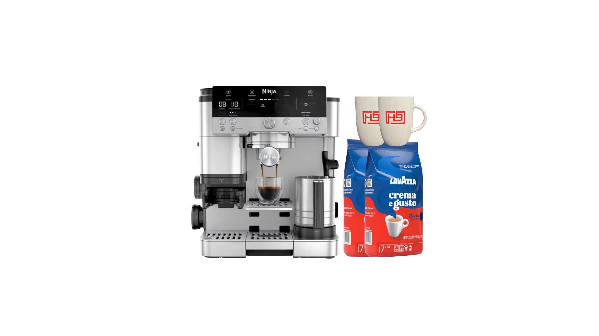 Stainless espresso machine brewing into a glass, with Lavazza crema e gusto coffee bags and two mugs nearby.