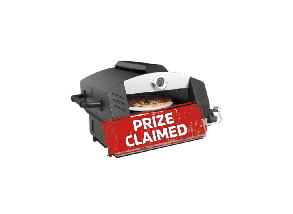 Pizza inside a grill with a large red 'PRIZE CLAIMED' stamp across the front, signaling a claimed prize.
