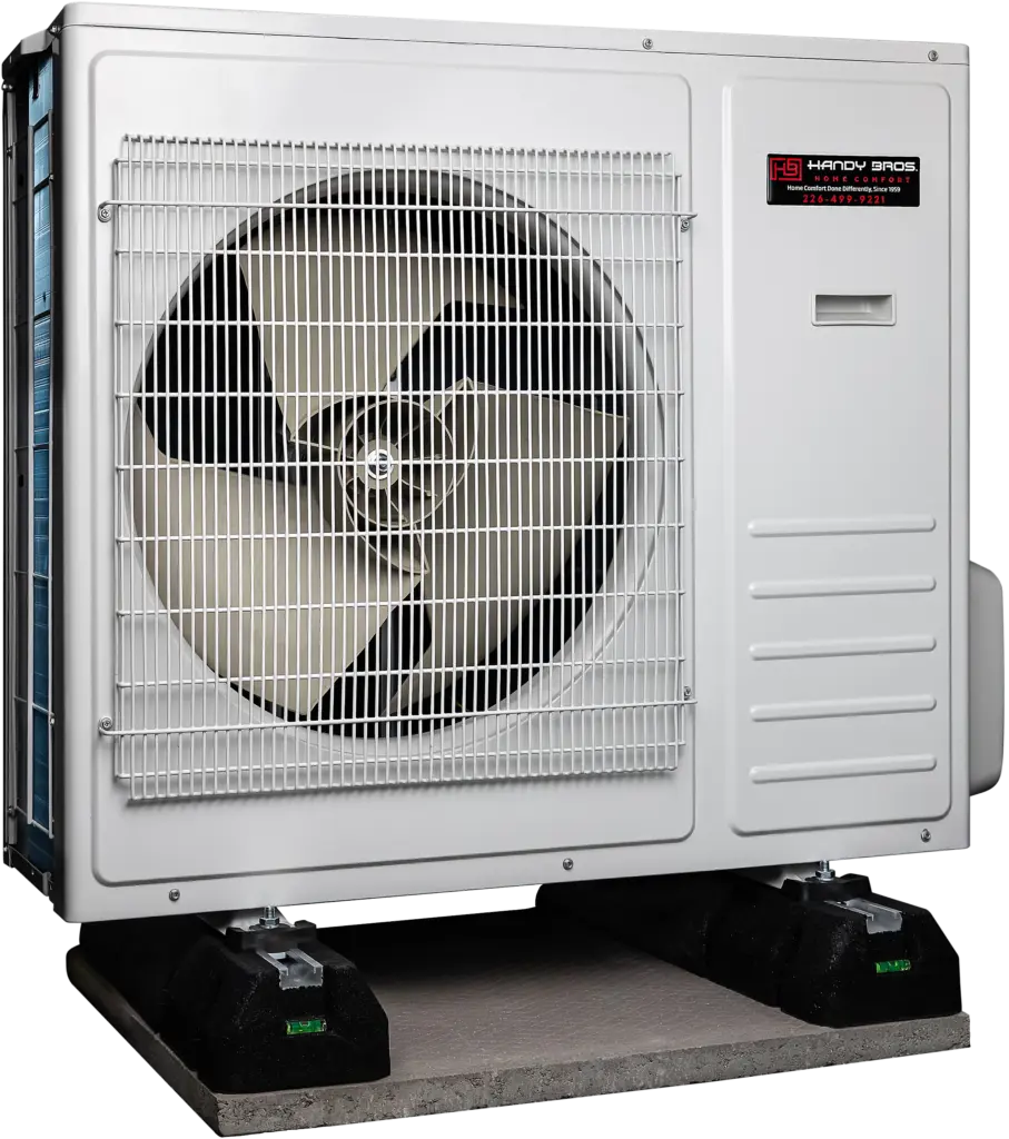 london rebate: new heat pump - handy bros. home comfort Outdoor HVAC condenser unit with large fan behind metal grille and a labeled access panel on the side, mounted on a concrete base.