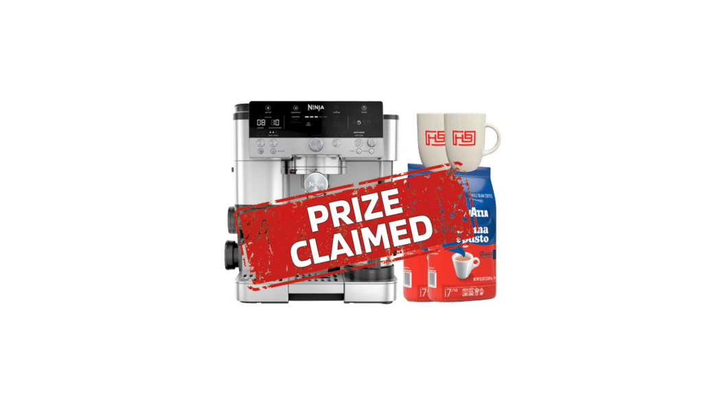 Espresso machine with two mugs and bags of coffee, overlaid by a bold red 'PRIZE CLAIMED' stamp.