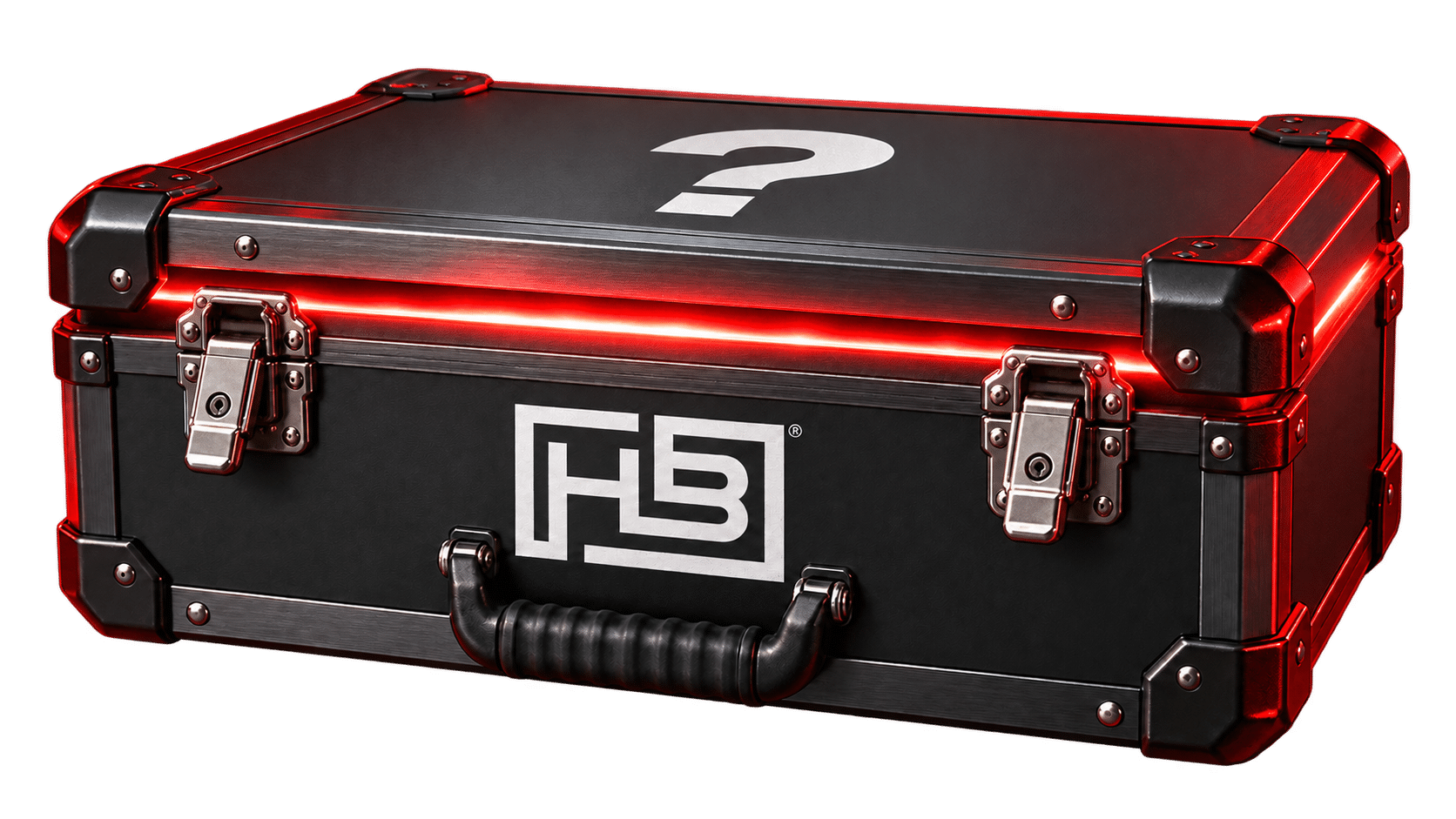 A black protective tech case with red accents and a white question mark on the top, metallic latches, and a branded front panel.