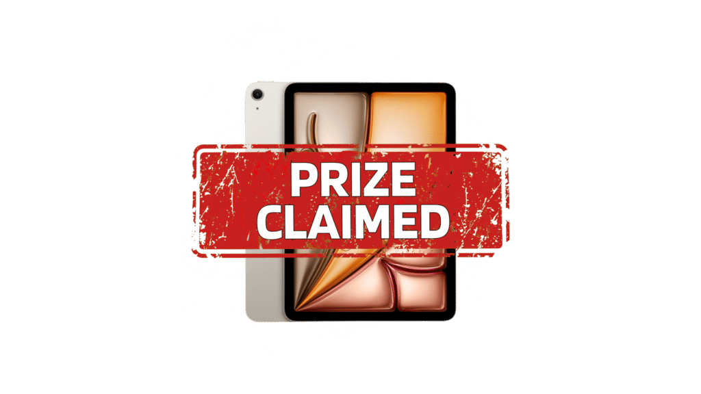 Red stamped banner reading 'PRIZE CLAIMED' across a smartphone screen showing a gold-orange interface, white splash background, green backdrop.
