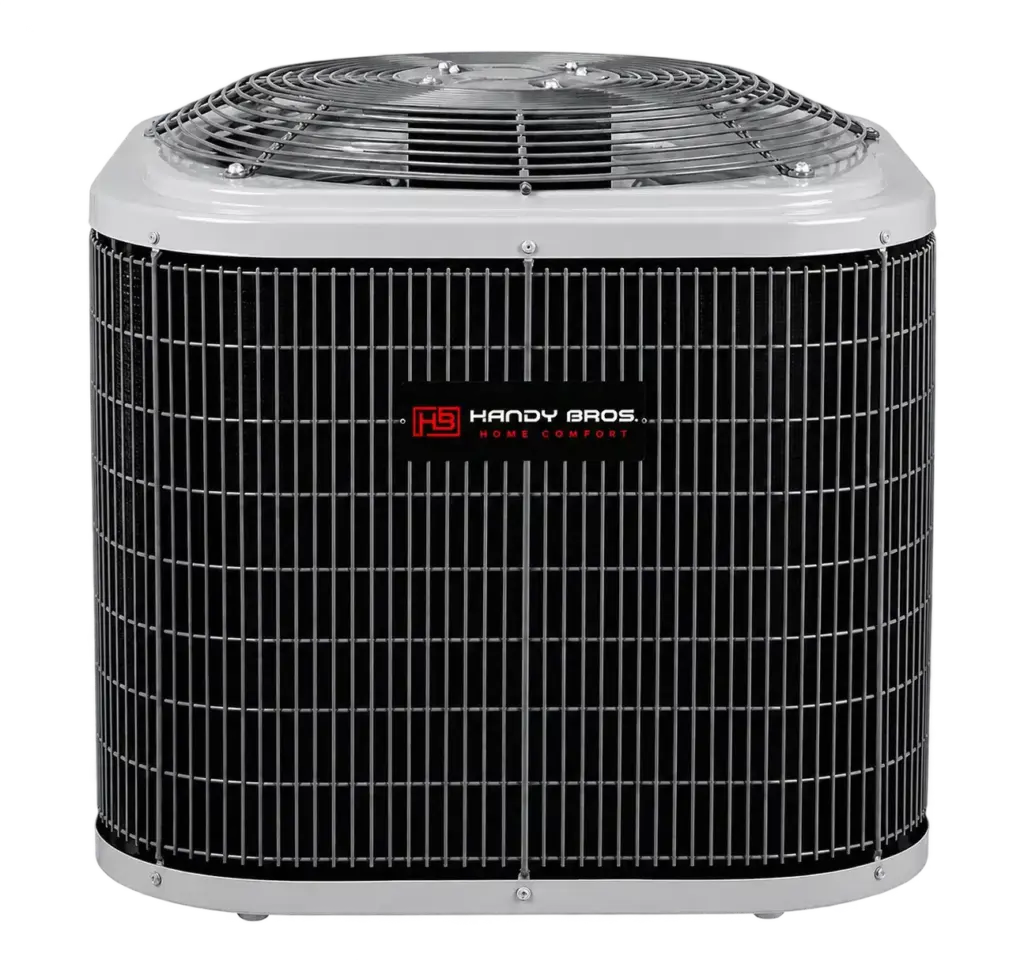 single stage ac product 4k - handy bros. home comfort Outdoor central air conditioner condenser unit with a circular fan guard, white top, and black grille featuring the Handy Bros logo.
