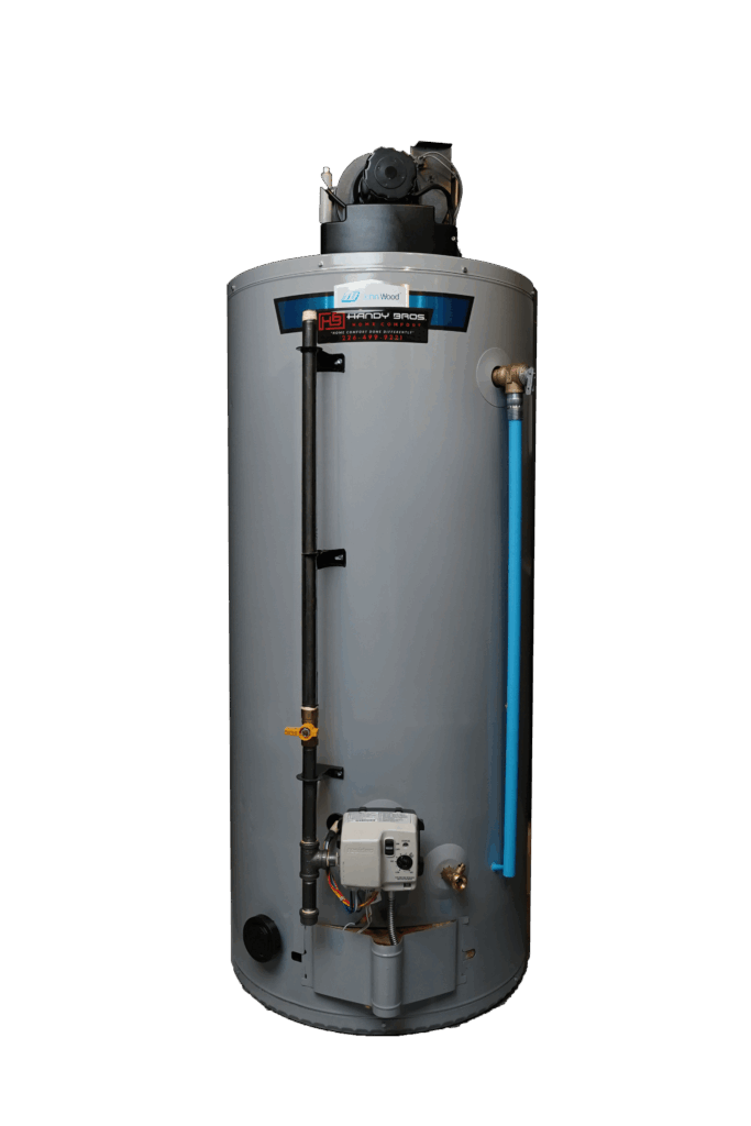 A gray, upright water heater with visible pipes, a control unit, and a black vent on top, set against a plain white background.